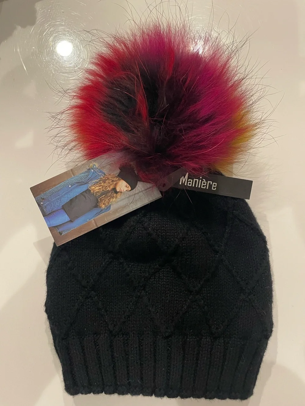 Manière Kids Diamond Knit Wool-Blend Black Hat Multi FOX Pom~Toddler (Small) NWT